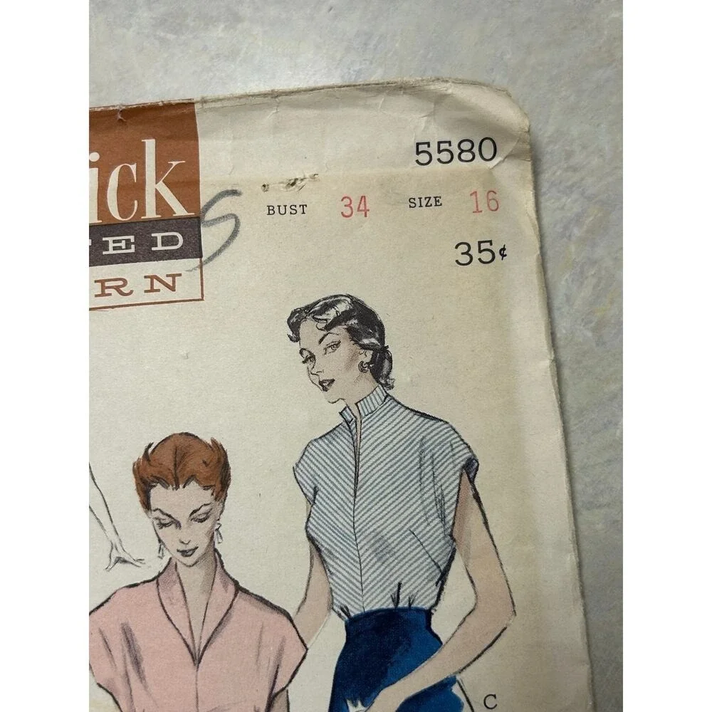 Vintage 1950's Butterick Quick Easy Pattern #5580 Womens Blouses Size 16 Bust 34
